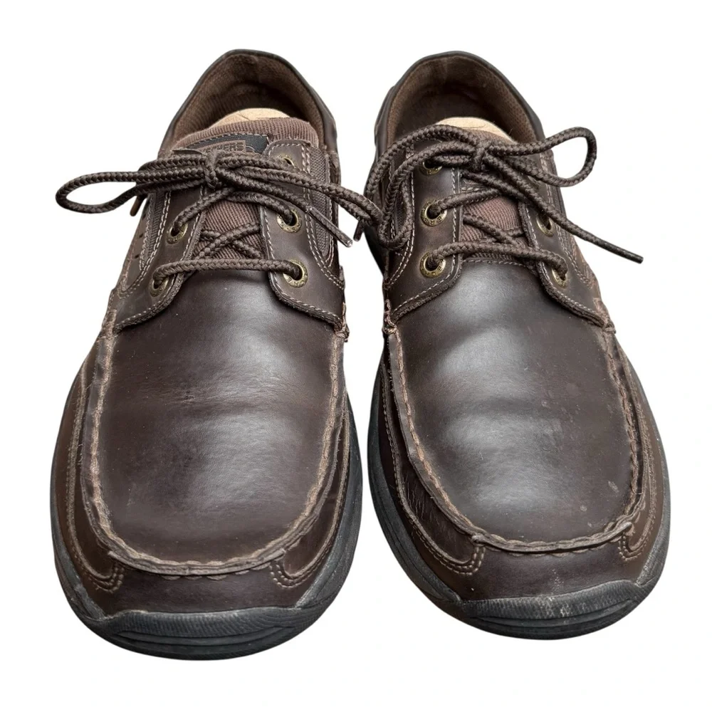 Skechers Men's Dark Brown Leather Relaxed Fit Lace Up Boat Shoes Size 8.5